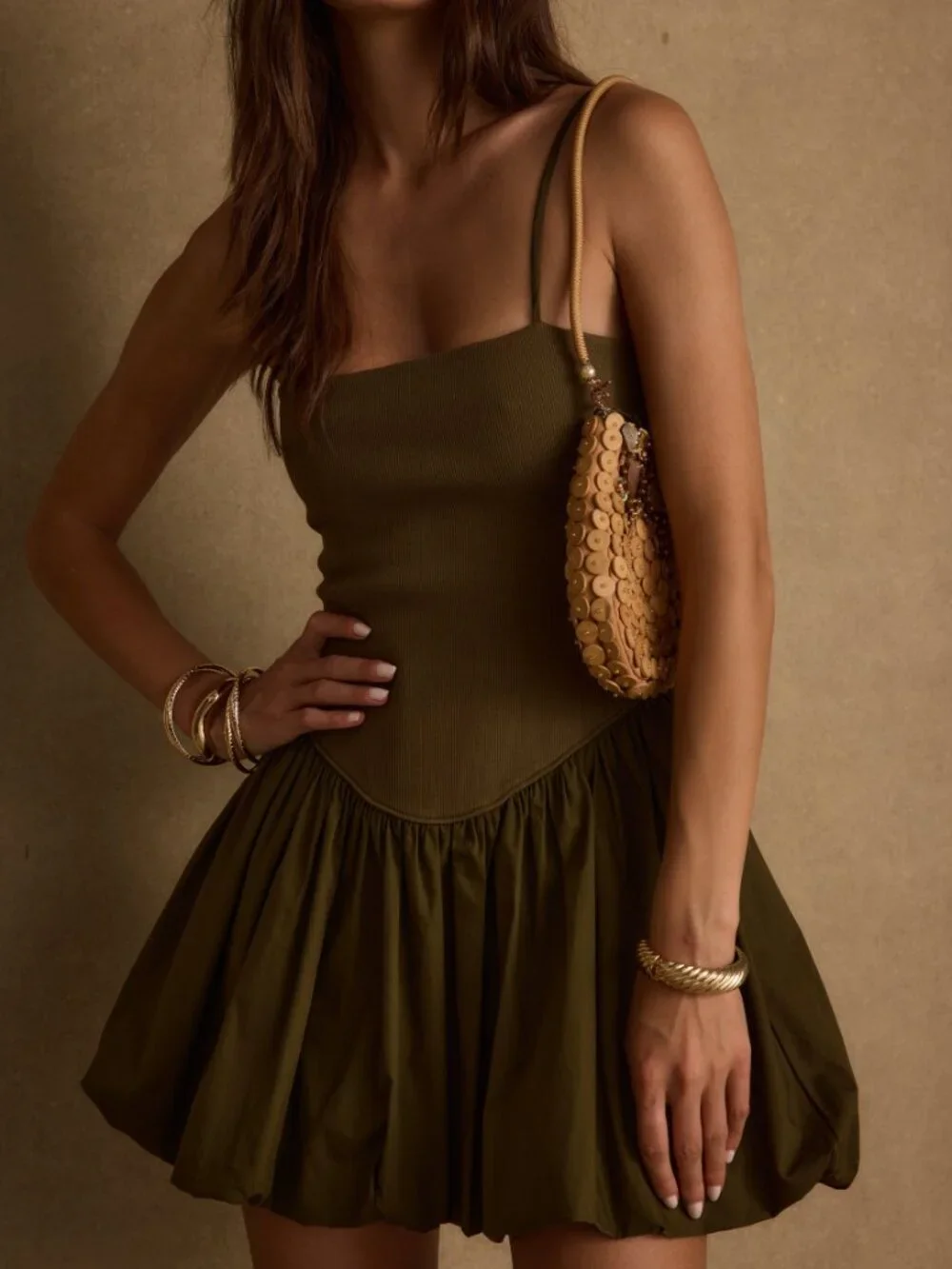 12th Tribe Eternal Olive Bubble Hem Mini Dress Size XL - Picture 3 of 4